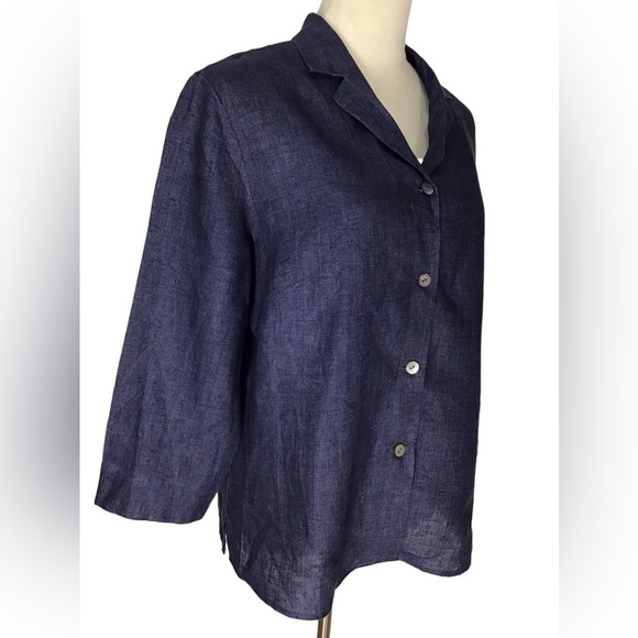Finity Naturals Blue Linen 3/4 Sleeve Button Up Blouse Size Large NEW - Picture 5 of 6